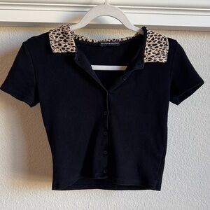 Brandy Melville Black Crop Top with Animal Print Collar